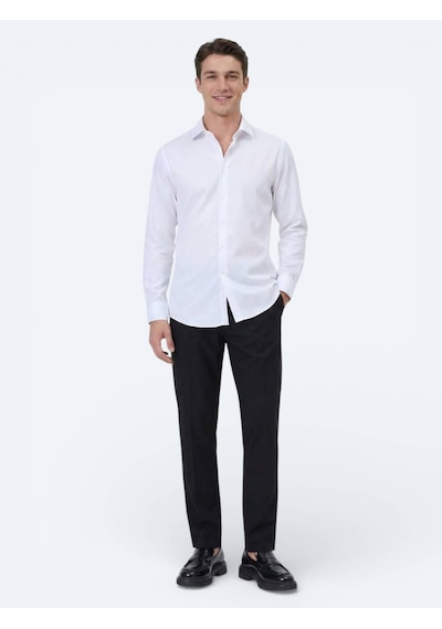 Kip Beyaz Düz Slim Fit Uzun Dokuma Klasik Pamuk Karışımlı Gömlek