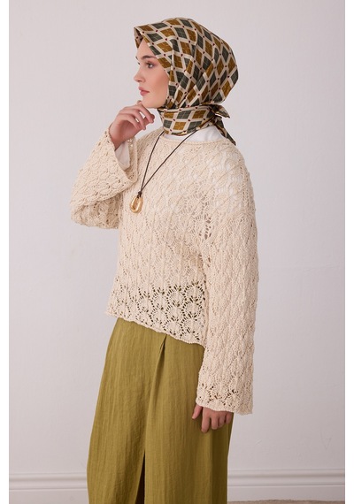 Belli Geometrik Desen %100 Twill İpek Eşarp Be08 Hardal-haki