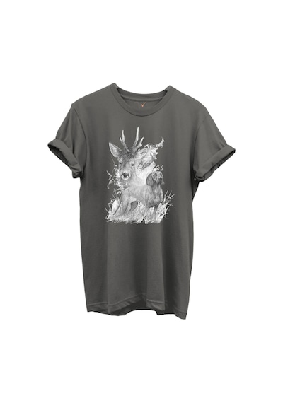 Geyik Ve Av Köpeği Çizim Baskılı %100 Pamuk Regular Fit Bisiklet Yaka Unisex T-shirt Antrasit