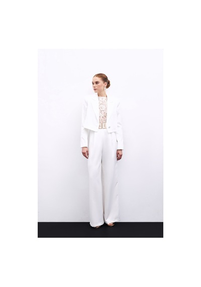 Sateen Bel Aksesuarlı Bol Paça Pantolon - Ekru-134595 Ekru