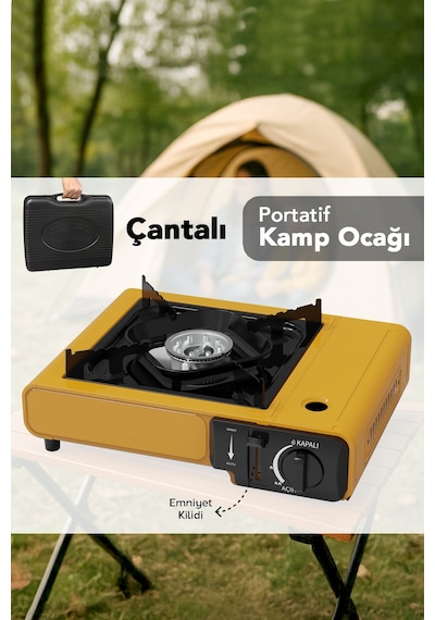 Portatif Kamp Ocağı - Taşıma Çantalı Gazlı Stop Emniyetli Ocak 34x28x11 Cm Sarı Sarı