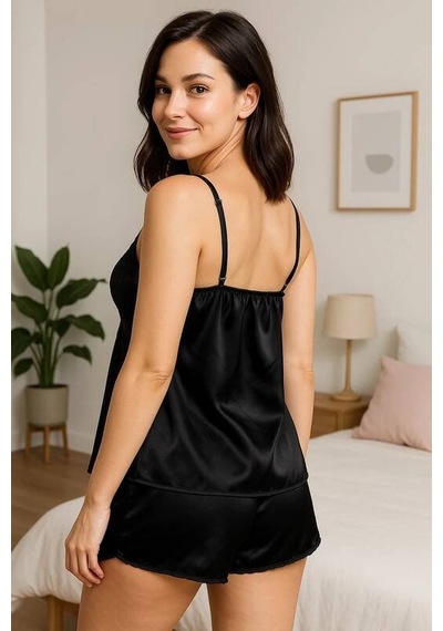 Nimselove Kadın Siyah Dantel Detaylı Saten İkili Pijama Takımı