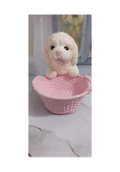 El Yapımı Dekoratif Köpek Biblo,pembe Sepetli Beyaz Fino.