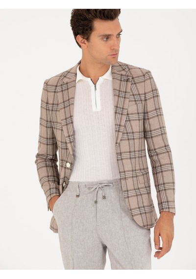 Cacharel Kahverengi Slim Fit Keten Karışımlı Ceket