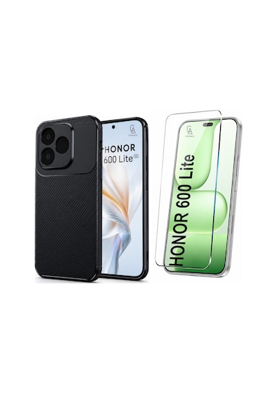 Honor 600 Lite Uyumlu Karbon Tasarım Silikon Telefon Kılıfı Ve Temperli Cam Ekran Koruyucu Siyah