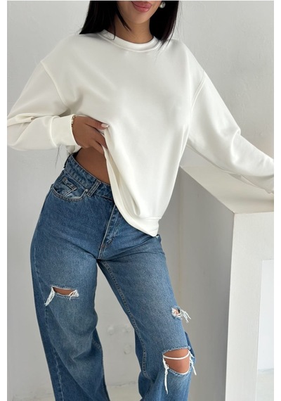 Femelle Beyaz Modal Kumaş Basic Sweatshirt