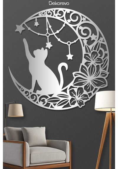 Floral Hilal Ve Kedi Silüeti Dekoratif Metal Tablo - Metal Duvar Sanatı - Gümüş - 50 X 50 Cm