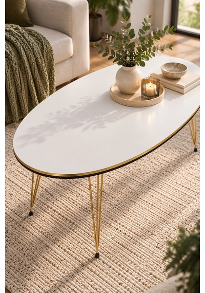 Sulorahome Gold Tel Oval Orta Sehpa Beyaz