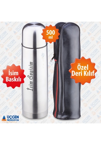 500-750ml Fermuarlı Deri Kılıflı Metalik Gri Termos 750Ml