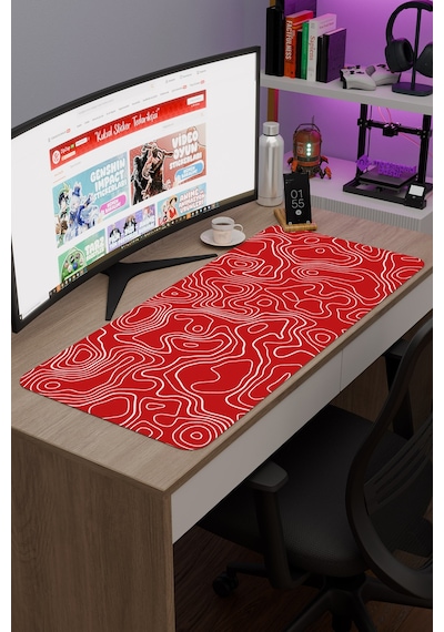 Kırmızı Beyaz 90x40 Xxl Taraftar Gaming Oyuncu Mouse Pad Kaymaz Taban Büyük Fare Altlığı Topography