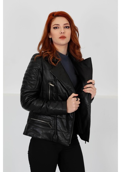 M M Marki Marki Hakiki Deri Kadın Ceket - 62 Cm, Kruvaze Yaka, Fermuarlı, Şişme Tasarım, Siyah - 101122