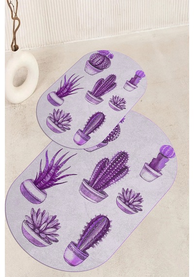 Buççin Online Mağaza Baskılı Kaymaz Taban Yıkanabilir Kaktüs Desen Oval Banyo Paspası 2'li Klozet Takımı Polyester Çok Re Çok Renkli