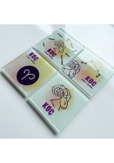 Decorita Cam Bardak Altlığı Burçlar - Koç Burcu 4'lü Takım 10 x 10 CM Çok Renkli