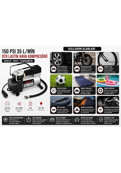 Tr 150 Psı 35 L/dk Oto Lastik Hava Kompresörü, 12v Taşınabilir Lastik Şişirme Pompası, Manometreli, Otomobil Moto