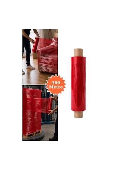 El Tipi Kırmızı Streç Film Mobilya Eşya Koli Palet Paket Taşıma Sarma Koruma 40 Cm X 300 M 23 Mikron