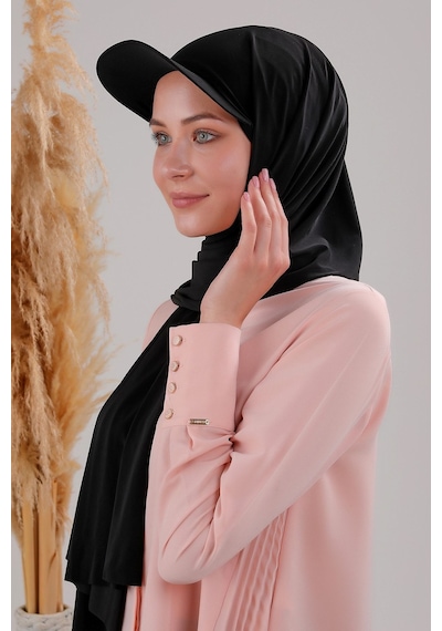 Melodi Scarf Kadın Tesettür Şapkalı Pratik Boneli Hazır Şal Siyah Siyah