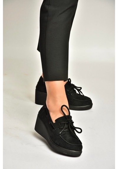 Fox Shoes Y602006402 Siyah Süet Dolgu Tabanlı Kadın Ayakkabı Siyah