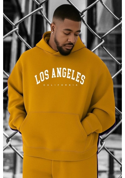 Benroma Los Angeles Baskılı Büyük Beden Sweatshırt Sarı