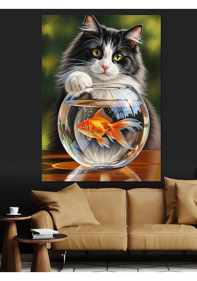 Ahşap Tablo Balık Fanusu Ve Kedi