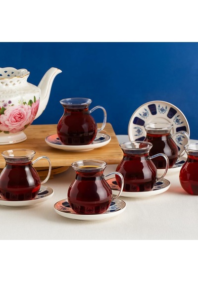 17903 Laleli 12 Parça 6 Kişilik Çay Seti 210 Ml Borosilikat Cam Kulplu Tombik Bardak Ve Porselen Çay Tabağı Ta Diğer