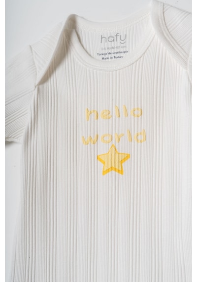 Hafy Baby Hello World Nakışlı, Zarf Yaka, 2 Li Yazlık Bebek Body / Zıbın Takımı Sarı - Beyaz