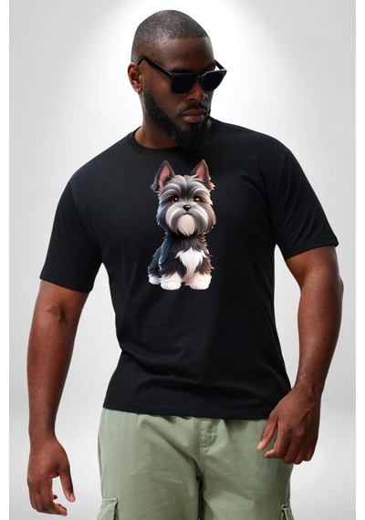 Angemiel Sevimli Beyaz Gri Köpek Siyah Büyük Beden Erkek Kadın Unisex Basic Ön Baskılı Tişört Siyah
