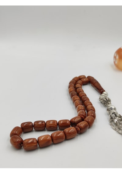 Usta İşcilikli Hareli Kahverenğ Katalin Kehribar Tesbih 9 12 Mm Kapsül Kesim Gümüş Kaplama Püskül Kahverengi