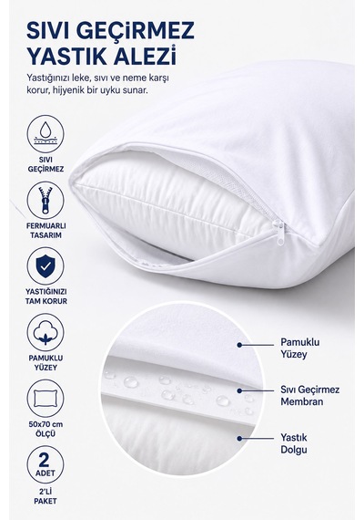 Sıvı Geçirmez Yastık Alezi 2'li 50x70 Cm Pamuklu Fermuarlı Puresleep Beyaz