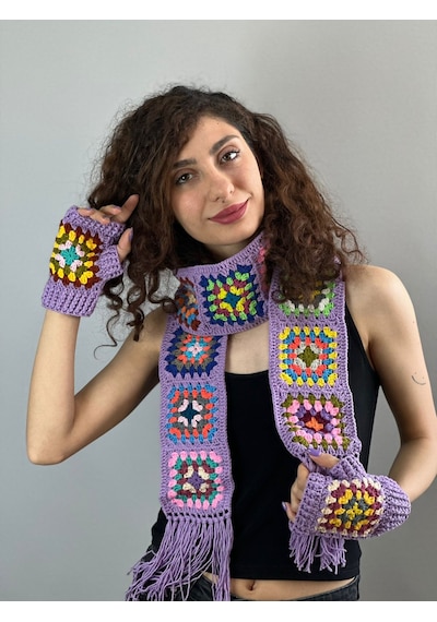Gönülden Tasarım El Örgüsü Etnik Motif Desenli Atkı Eldiven Set Atkı 180 Cm Lila