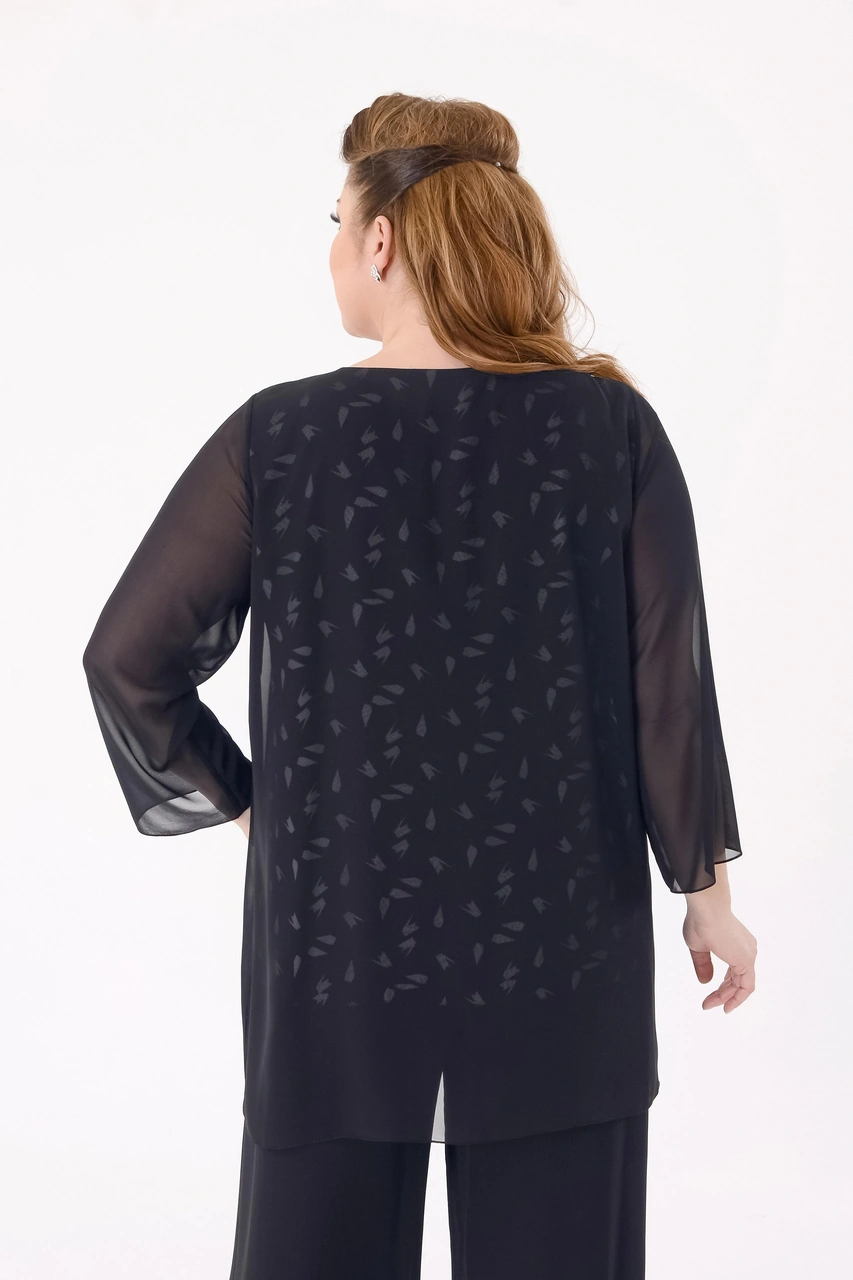 Lilas Xxl Büyük Beden Siyah Renkli Desenli Şifon Abiye Bluz Siyah