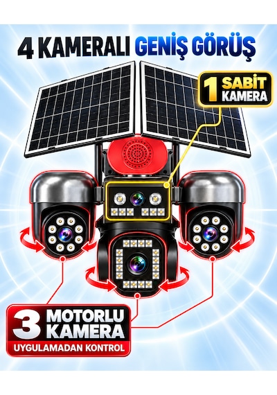 Ventus Sv459ıp 12mp 4 Kameralı 3 Motorlu +1 Sabit Sirenli Çift Solar Panel 20800mah Batarya