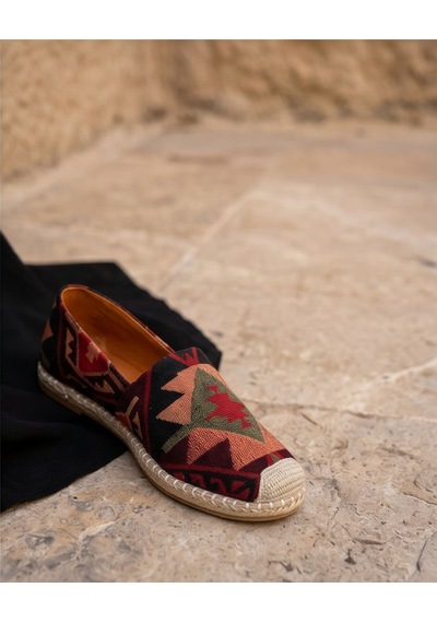 Futsishoes Vıola Bordo Hakiki Deri Kilim Desenli Kadın Etnik Desen Espadril Ayakkabı
