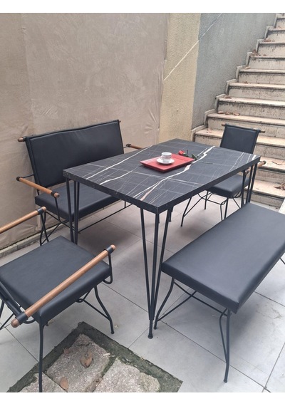Masa Sandalye Tk 90605 Penyez Takım Model Metal Siyah Suni Deri Balkon-bahçe Siyah