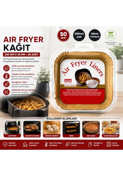 Air Fryer Kağıt Pişirme Kalıbı Kare, Taban 20cm, Kenar 4.5cm 50'li 26 Cm
