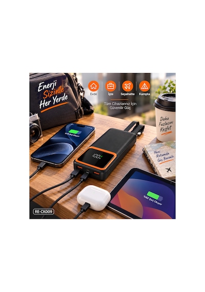 10000 Mah 22.5w Hızlı Şarj Powerbank Dahili Type-c Ve Lightning Kablolu Dijital Göstergeli- Re-ck009 Diğer