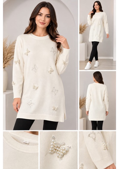 Kadın Kelebek Detaylı Sweatshirt Kadın Tesettür Tunik Açık Bej
