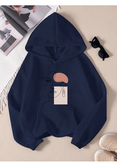 Uyguntarz Silüet Baskılı Oversize Sweatshirt Lacivert