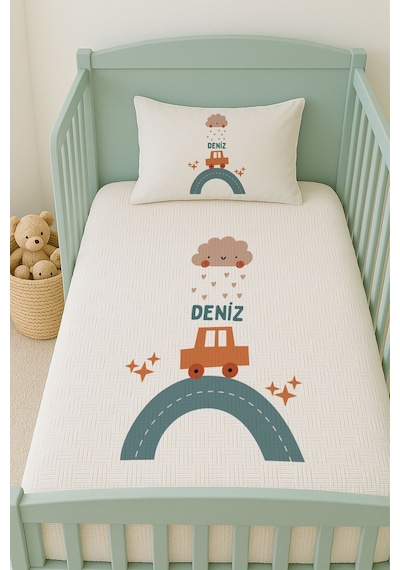 %100 Pamuk İsme Özel İsimli 100x150 Cm Pike Seti Araba Ve Bulut