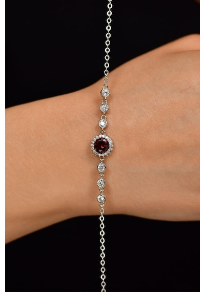 Roza Silver Yakut Taşlı Rodyum Yuvarlak Anturaj Gümüş Bileklik