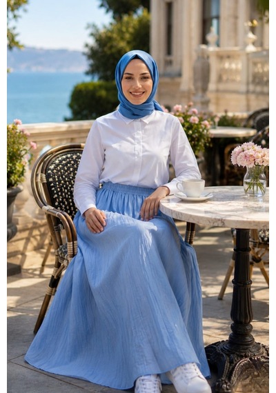 Hb Harma Time Butik Kadın Beli Lastikli Çilek Kumaş Mavi Etek Mavi Mavi