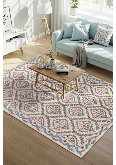 Nora Krem / Mavi Vintage Dokulu Geometrik Desenli Dokuma Tabanlı Şönil Halı Al 479 Bej