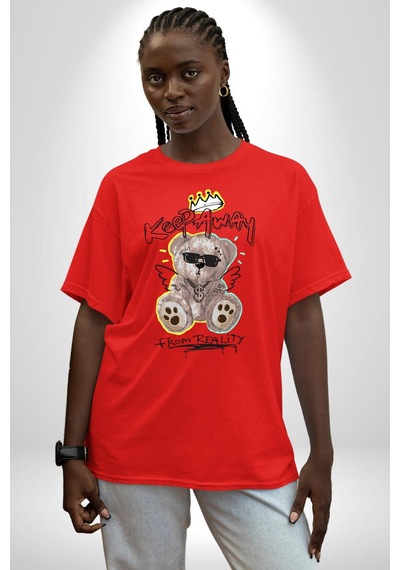 Gerçeklikten Uzak Tutun Pamuklu Bisiklet Yaka Unisex Oversize Boyfriend Dijital Baskılı Kırmızı T-shirt Kırmızı