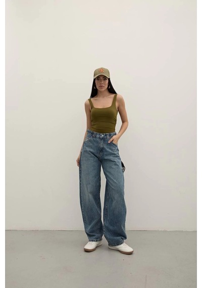 Tint Blue Premium Yıkamalı Kemerli Baggy Jeans Mide Blue Tint Blue Premium Yıkamalı Kemerli Baggy Jeans Mide Blue