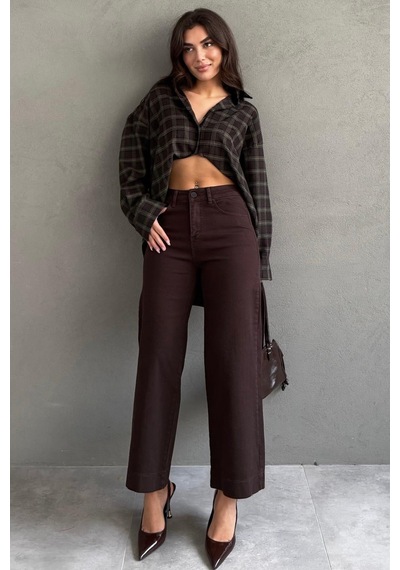 Kahverengi Düz Kesim Geniş Paça Kadın Flared Jean Mg2630 Kahverengi