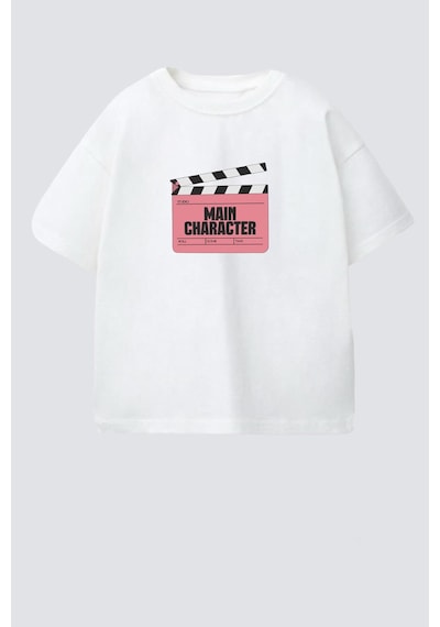 Monila Unisex Çocuk Pamuklu Bisiklet Yaka Baskılı T-shirt Beyaz - Pembe