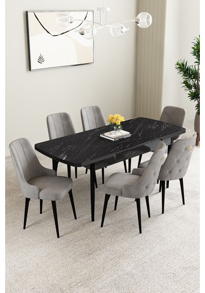 Clara Siyah Mermer Desen 80x132 Açılabilir Mdf Masa Yemek Odası Takımı,mutfak Takımı 6 Adet Sandalye Gri Clara Siyah Mermer Desen 80x132 Açılabilir Mdf Masa Yemek Odası Takımı,mutfak Takımı 6 Adet Sandalye Gri
