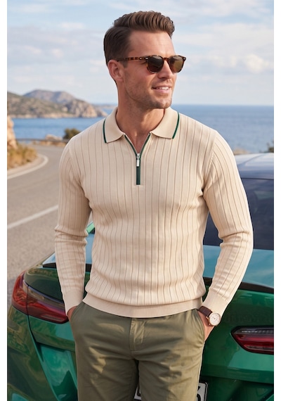 Deepsea Erkek Slim Fit Tüylenmeyen Çizgi Dokulu Bej Triko Kazak Fermuarlı Polo Yaka 2700401