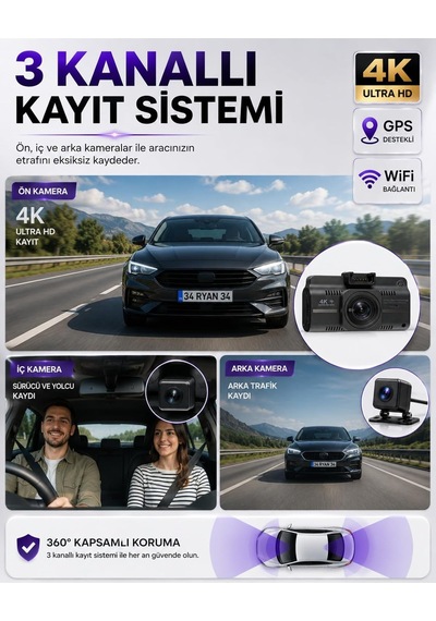 Tr 4k 3 Kameralı Araç İçi Kamera, Ön İç Arka Dash Cam, 4k Ultra Hd Ön Kamera, 1080p İç Ve Arka Kamera, Gps Des