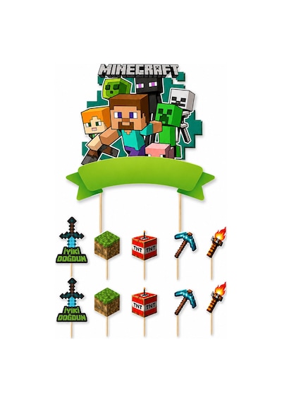 Minecraft Pasta Süsü Seti Büyük Figür Ve 10'lu Kürdan Dekoru Doğum Günü Süsü +3