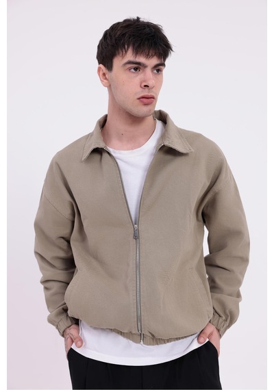 Erkek Gabardin Kumaş Fermuarlı Oversize Beli Lastikli Mevsimlik Ceket-265 Haki